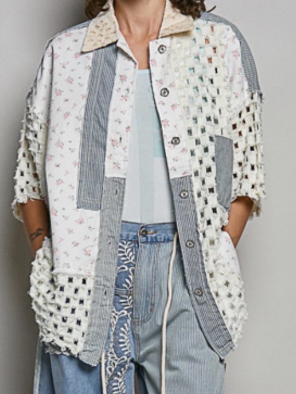 NWT POL Woven Patchwork Button-Front Women’s Top in Cream and Light Blue